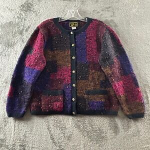 South Wool Hand Knit Wool Cardigan Sweater Womens L Multi Color Patchwork Button